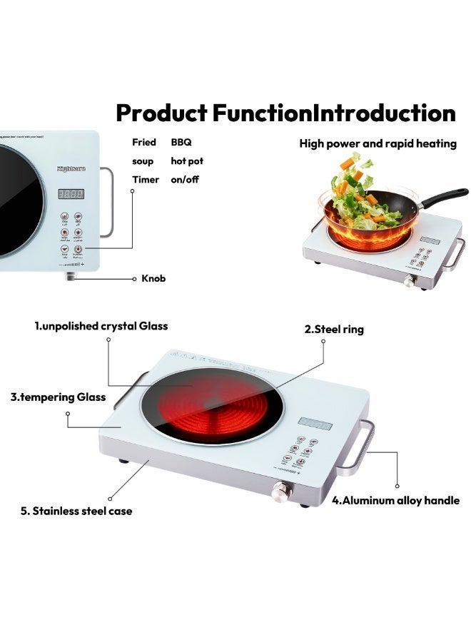 رايتشر موقد يعمل بالأشعة تحت الحمراء، عنصر تسخين سيراميكي بقوة 2200 واط، موقد كهربائي بسطح زجاجي مزدوج الكريستال وموقد واحد، مزود بلوحة تحكم تعمل باللمس قابلة لضبط درجة الحرارة بالأرقام العربية ووظيفة حماية من السخونة الزائدة (لون أبيض) - Image 2